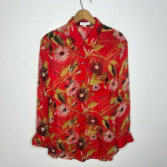 Equipment Femme 100% Silk Sheer Lightweight Blouse Red Floral Print Size M - Picture 12 of 12